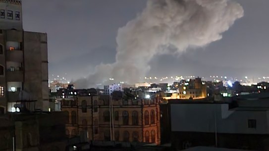 Smoke rises from a location reportedly struck by US airstrikes in Sanaa, Yemen, on Saturday.