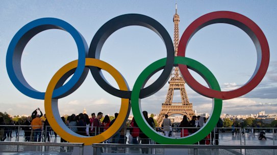The Olympic rings are set up at Trocadero plaza that overlooks the Eiffel Tower, a day after the official announcement that the 2024 Summer Olympic Games will be in the French capital, in Paris, in 2017.
