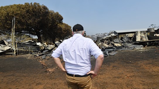 Prime Minister Scott Morrison visits a fire damaged property on Kangaroo Island on Wednesday.