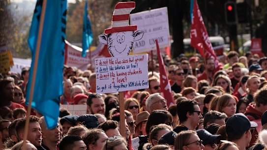 Thousands of Catholic and public school teachers marched to State Parliament on Thursday. 