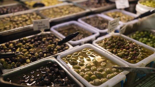 Olives for sale at the Lamia Super Deli in Marrickville.