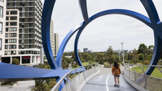The Lachlans Line development and its walkway at Macquarie Park. 