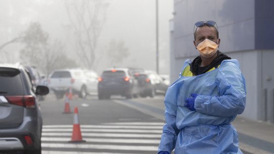 A foggy start to the day at the St Mary’s drive-through COVID-19 testing clinic on Tuesday.