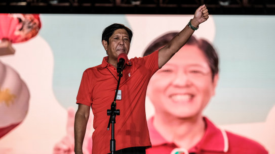 Ferdinand “BongBong” Marcos Jr, the overwhelming favourite to be elected as president on Monday.