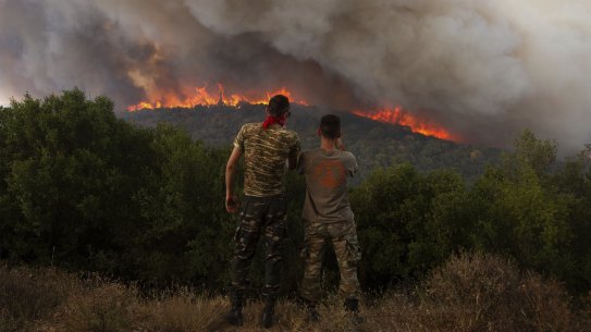 Flames burn a forest during wildfires near the village of Sykorrahi, near Alexandroupolis town, in the northeastern Evros region, Greece, Wednesday, Aug. 23, 2023. Advancing flames are devouring forests and homes in Greece as wildfires that have killed 20 people are raging.