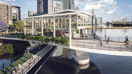 An artist impression of the under-construction Kangaroo Point bridge, now slated for completion in early 2024.