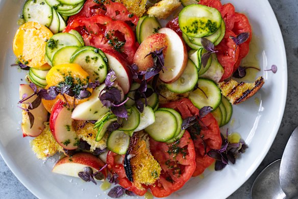 Danielle Alvarez’s tomato, nectarine and zucchini panzanella-ish salad with sweet basil dressing.