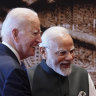 Indian Prime Minister Narendra Modi welcomes US President Joe Biden upon his arrival at Bharat Mandapam convention center for the G20 Summit.