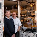Mario Maccarone and Mario de Pasquale outside Marios, which they opened on April 28, 1986.