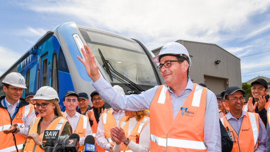 Daniel Andrews unveiled the new CRRC trains at Downer's Newport facility in 2018.