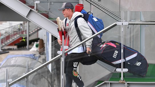 England player Ollie Pope leaves the ground.
