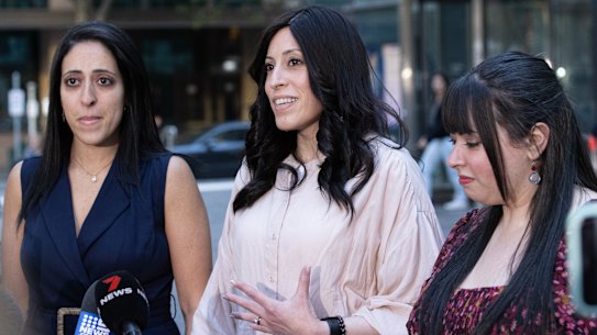 Elly Sapper, Nicole Meyer and Dassi Erlich speak outside Melbourne County Court following Monday’s verdict. 