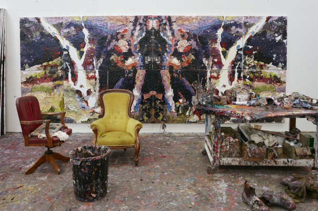  Ben Quilty’s studio at his home in the NSW Southern Highlands; in the background is a work from his Rorschach series, Irin Irinji (2018).