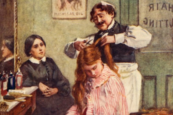 An illustration from 1913 shows Jo March having her hair cut in a barbershop. 