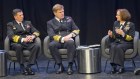 Australian Navy chief Vice Admiral Mark Hammond with counterparts Admiral Ben Key of Britain and US Admiral Lisa Franchetti at the conference in Perth.