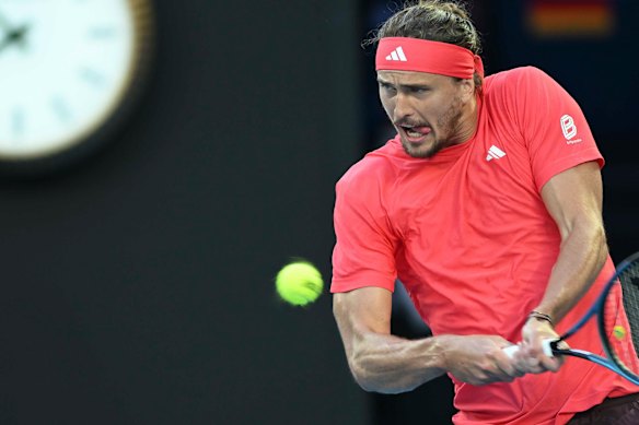 Alexander Zverev plays a shot in the first set of the men’s singles final..