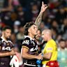 Reece Walsh scores a try against the Warriors.