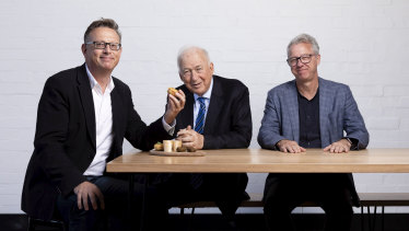 Nick Hazell of v2food, with investors Jack Cowin and Phil Morle. 