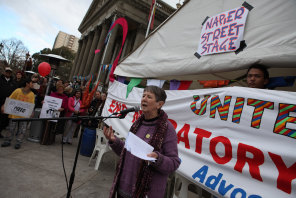 Sister Brigid Arthur addressing a World Refugee Day Rally in Fitzroy in 2011.