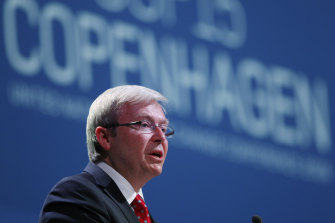 Lost opportunities: Australia’s then prime minister Kevin Rudd delivers his speech at the UN climate summit in Copenhagen in 2009. 
