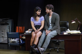 Annie (Izabella Yena) and Jon (Dan Spielman) on stage at the Belvoir Street Theatre.