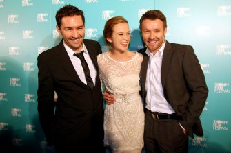 Joel and Nash Edgerton, both part of the Blue-Tongue collective which they named after their pet lizard,  with actress Claire van der Boom at the Sydney Film Festival.