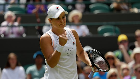 Australia's Ashleigh Barty celebrates winning a point against China's Saisai Zheng.