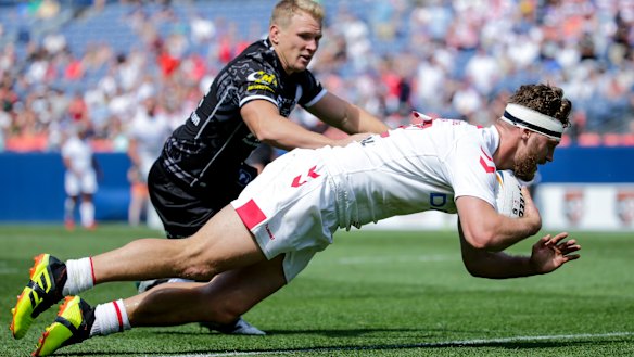 England's Elliott Whitehead scores one of his two tries against the Kiwis. The Raiders are confident he'll be able to back up against the Broncos.
