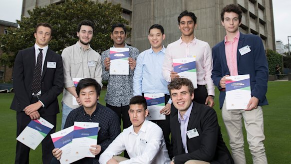 Sydney Grammar School cleans up in the 2018 HSC. Standing (left to right): Richard Palumbo, Nicholas Rice, Kiran Gupta, Joshua Mok, Eric Pavlou, Alexander Crawford. Sitting (left to right): Alexander Desmond Yao, Nathan Scotter and Jack Zimmerman. 
