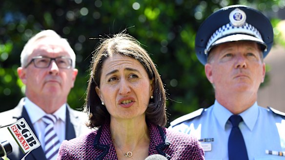 Premier Gladys Berejiklian, with Health Minister Brad Hazzard and NSW Police Commissioner Mick Fuller, as she announced the special commission of inquiry into ice in November 2018.