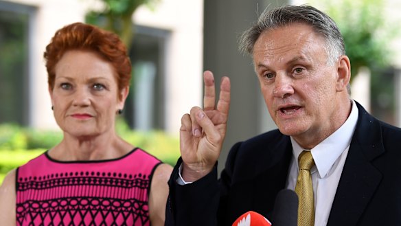 One Nation leader Pauline Hanson, with Mark Latham, whose leadership of the party in NSW could be a major problem for the Coalition.