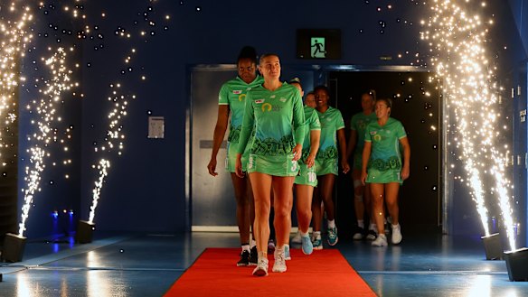 Courtney Bruce leads the Fever out on to the court in Perth.