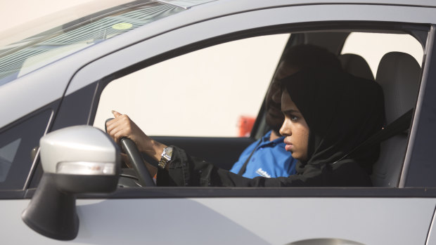 A Saudi woman learning to drive in Jiddah, Saudi Arabia, in March.
