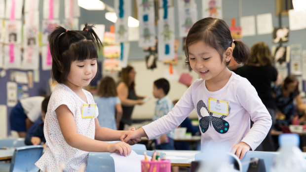 Cherish Chen and Eliza Nguyen in a kindergarten transition class to prepare them for school next year.