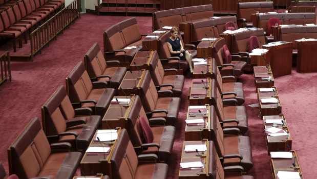 Senator Pauline Hanson sits alone during a vote opposing a motion condemning comments made by Bettina Arndt.