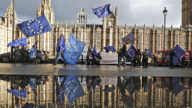 Protesters are reflected in a puddle as they wave European Union flags to demonstrate against Brexit in front of Parliament in London on Monday.