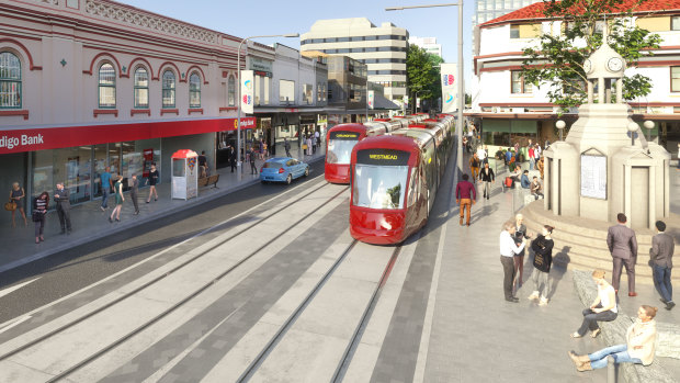 An artist's impression of the Parramatta light rail. Major construction on stage one will commence next month.
