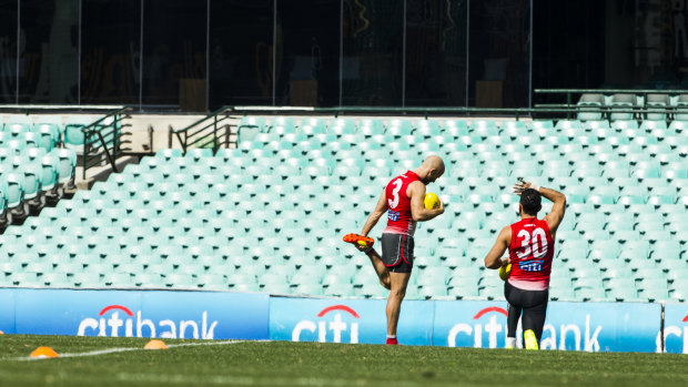 Adam Goodes and Jarrad McVeigh at training back in 2014.