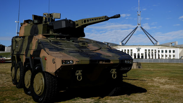 The Rheinmetall Boxer CRV at Parliament House in Canberra.