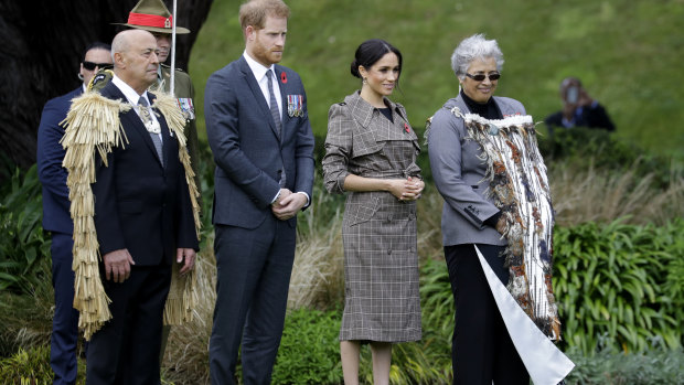 Prince Harry and Meghan, the Duchess of Sussex, attend the traditional welcome ceremony on the lawns of Government House in Wellington. 