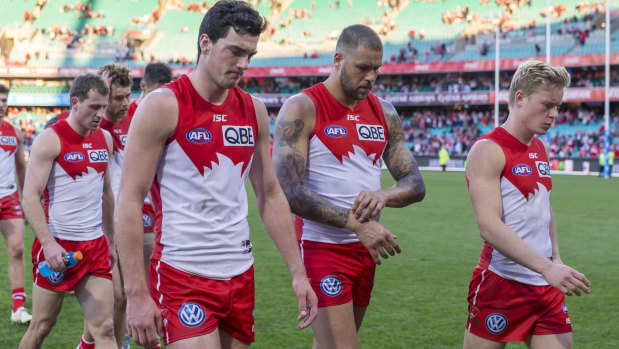 Dejected: The Swans leave the SCG after succumbing to the Gold Coast Suns.
