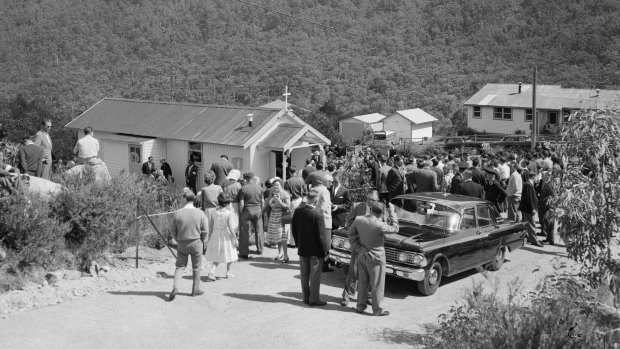 The little All Souls Church at Island Bend, in the Snowy Mountains, while the Queen and 
Duke of Edinburgh attended Divine Service. About 200 worshippers attended, most of them accommodated on chairs on the lawn beside the church.  March 10, 1963.
 