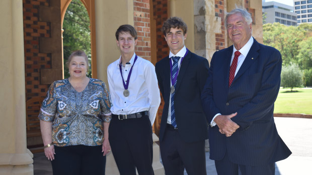 The bees knees: Education Minister Sue Ellery with Beazley medal winners Luke de Laeter and Josh Green, together with Governor Kim Beazley.