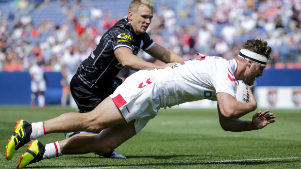 England's Elliott Whitehead scores one of his two tries against the Kiwis. The Raiders are confident he'll be able to back up against the Broncos.