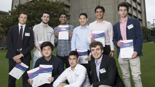 Sydney Grammar School cleans up in the 2018 HSC. Standing (left to right): Richard Palumbo, Nicholas Rice, Kiran Gupta, Joshua Mok, Eric Pavlou, Alexander Crawford. Sitting (left to right): Alexander Desmond Yao, Nathan Scotter and Jack Zimmerman. 