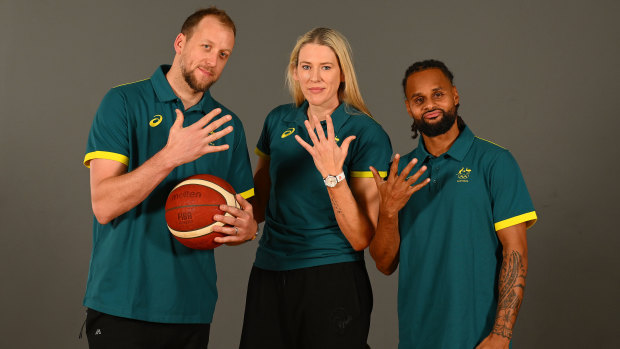 Joe Ingles, Lauren Jackson and Patty Mills pose after each being selected for their fifth Olympics.