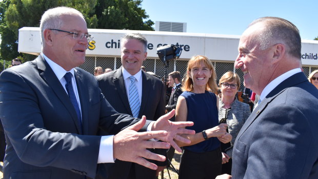 Prime Minister Scott Morrison in Perth on Thursday announcing an extra $1.6 billion in WA infrastructure funding Finance Minister Mathias Cormann, Liberal Curtin candidate Celia Hammond, Defence Industry Minister Linda Reynolds and Swan MP Steve Irons.