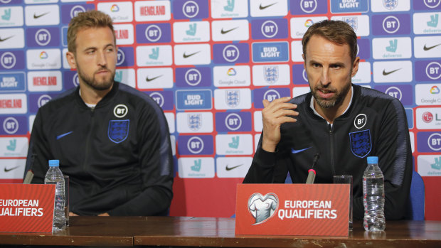 Wary: England manager Gareth Southgate next to Harry Kane during a press conference a day before the Euro 2020 group A qualifying match against Bulgaria at the Vasil Levski national stadium, in Sofia.