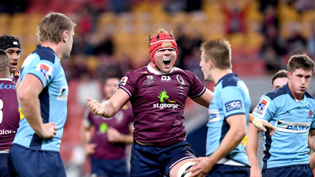 Harry Wilson celebrates scoring a try at Suncorp Stadium during Queensland’s win in 2020. 