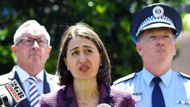 Premier Gladys Berejiklian, with Health Minister Brad Hazzard and NSW Police Commissioner Mick Fuller, as she announced the special commission of inquiry into ice in November 2018. 